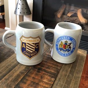 Pair of Stoneware Beer Stein Mugs Schwaben Verein Chicago AC Shield Crown Stag